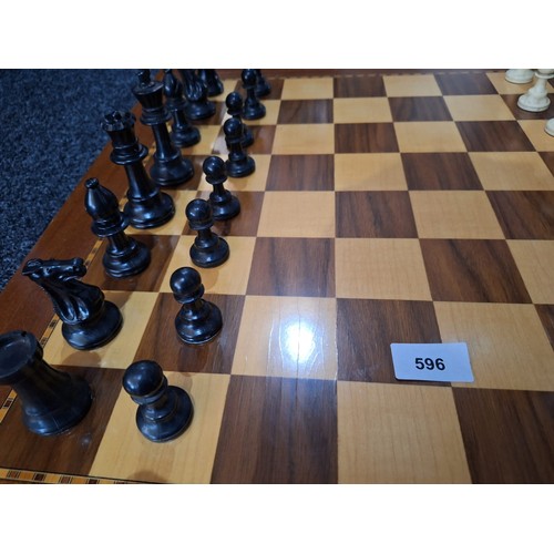 596 - Complete Vintage Chess Set with an Inlaid Ebony Board