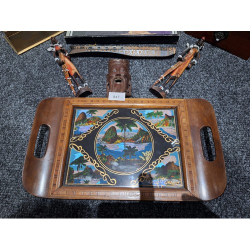 947 - Vintage/Antique Treen To Include Chinese Veneer Picture, Butterfly Wing Tray, African Tribal And Box... 