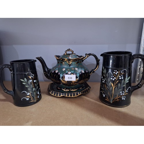 536 - Victorian Bargeware Teapot, Stand and 2 Jugs