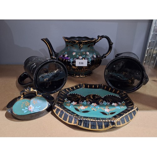 536 - Victorian Bargeware Teapot, Stand and 2 Jugs