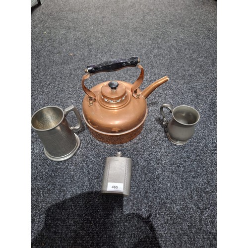 465 - Vintage Copper Kettle and Vintage Pewter x 3