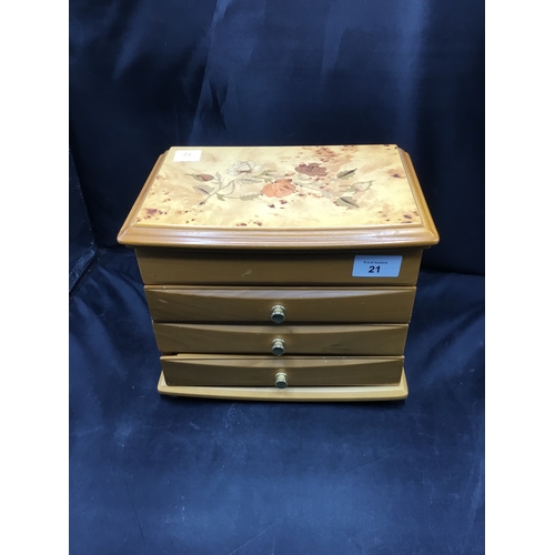 21 - Wooden Jewellery Box With Drawers and Contents