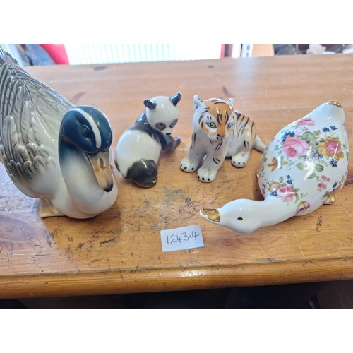 1243 - Vintage Russian Tiger and Panda, Spanish Porcelain Vintage Duck and a Crown Staffordshire Swan