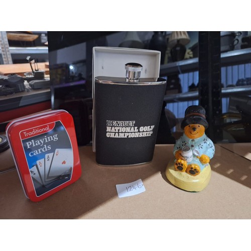 1246 - Boxed Renault Championship Golf Toddy Flask, Tinned Cards and a Paddington Bear