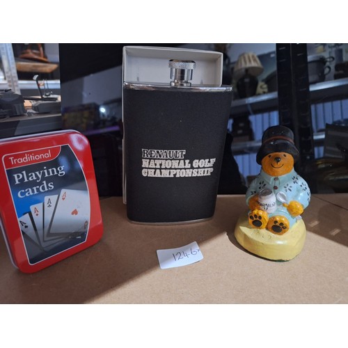 1246 - Boxed Renault Championship Golf Toddy Flask, Tinned Cards and a Paddington Bear