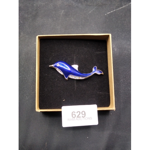 629 - Blue Enamel & Crystal Dolphin Brooch