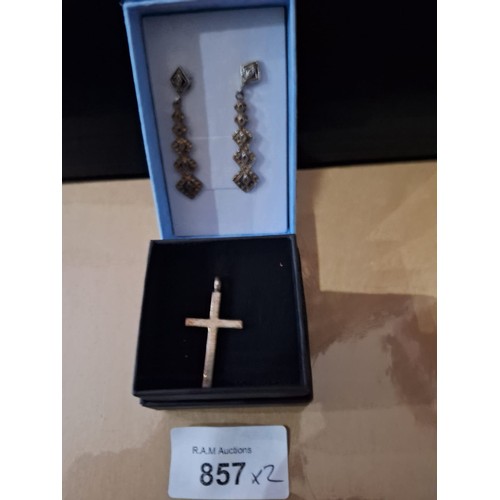 857 - Vintage 925 Silver and Marcasite Long Drop Earrings and a Vintage 925 Silver Cross