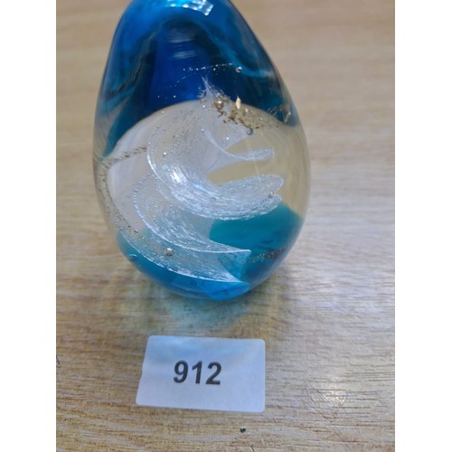 912 - Swirl Dome Shaped Paperweight In Teal, White and Gold