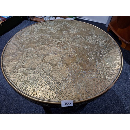 930A - Barley Twist Stretched Leg Table With a Brass Covered Top Lion to the Centre