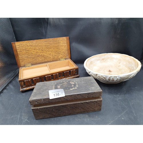 136 - Vintage Wooden Musical Box, Wooden Bowl and a Jewellery Box