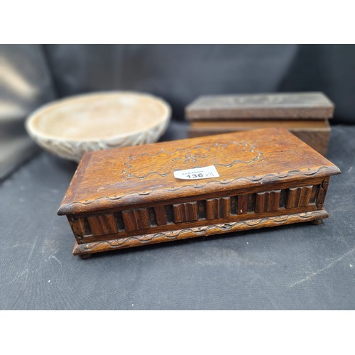 136 - Vintage Wooden Musical Box, Wooden Bowl and a Jewellery Box