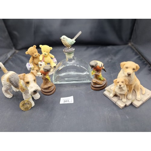 201 - Bird Perfume Oil Bottle, Two Ceramic Birds and Three Other Figures All Marked