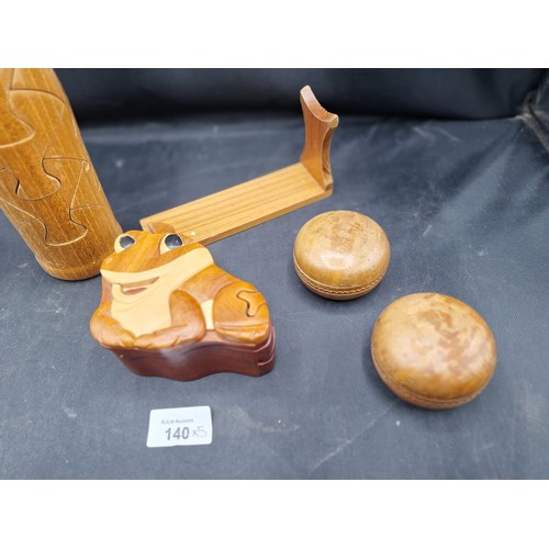 140 - Treen Lot x4 To Include Puzzle, Frog, Secret Box, Puzzle Box, Vintage Wheels and a Bottle Stand