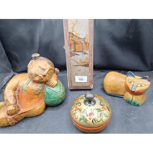 192 - Chinese and Asian Treen x4 To Include Buddha, Box, Cat and a Pot