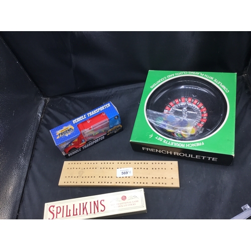 569 - French vintage boxed roulette set ,vehicle set in box vintage spillkins pick up sticks game + crib b... 