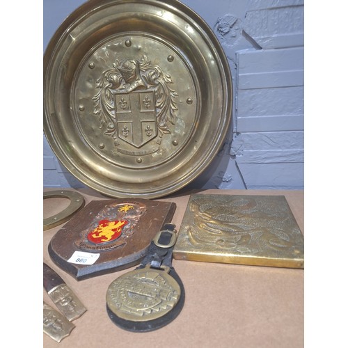 860 - Brass x7 To Include Tray, Heraldic Plaques x2, Spoon, Fork, Vintage Port Hole Ring and a Horse Shoe