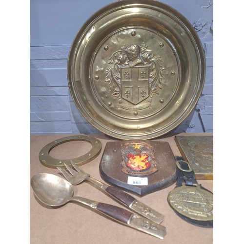 860 - Brass x7 To Include Tray, Heraldic Plaques x2, Spoon, Fork, Vintage Port Hole Ring and a Horse Shoe