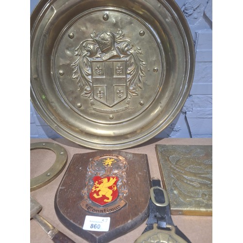 860 - Brass x7 To Include Tray, Heraldic Plaques x2, Spoon, Fork, Vintage Port Hole Ring and a Horse Shoe