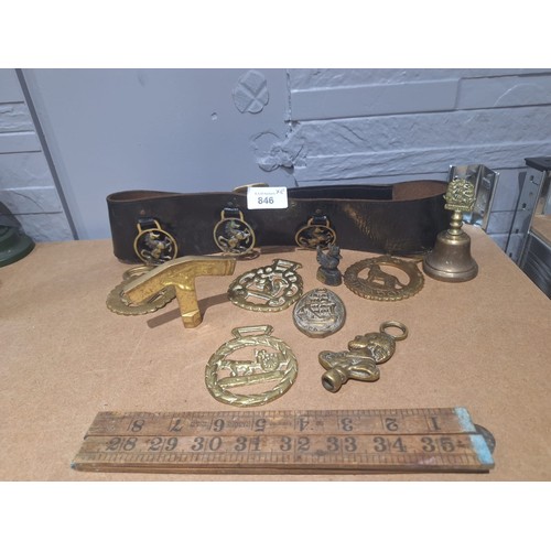 846 - Group Of Brass Shoes  Some On a Belt, Articulated Yard Rule, Bell and Others