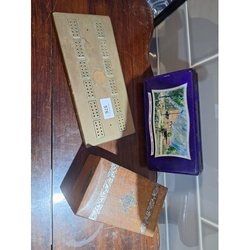 576 - Vintage money box vintage cribbage board + rare cadburys tin