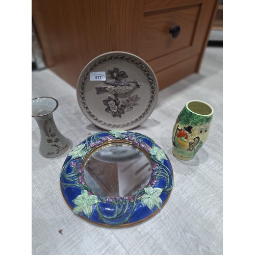 577 - Majolica style mirror Welsh vase,art vase + ltd edt song thrush plate