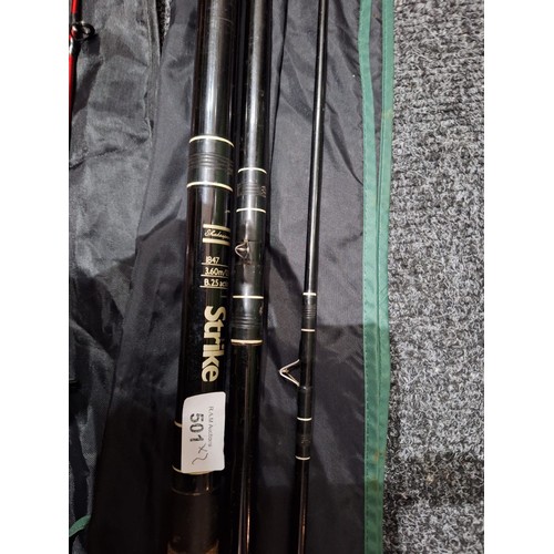 501 - Shakespeare strike 3 piece rod in bag + Shakespeare firebird 7ft rods