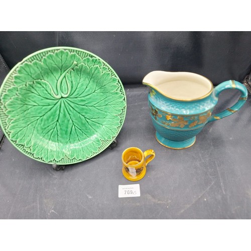 769 - Antique Wedgewood Green Leaf Dish, Wade Regal Jug and a Wade Tankard