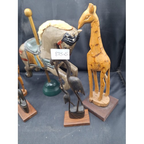 875 - Treen Lot To Include a Carousel Horse, Storks x2 and Giraffes x2