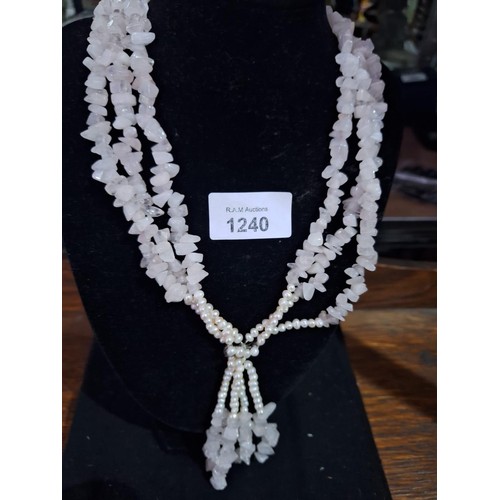 1240 - Boxed Vintage Real Pearl and Rose Quartz Necklace