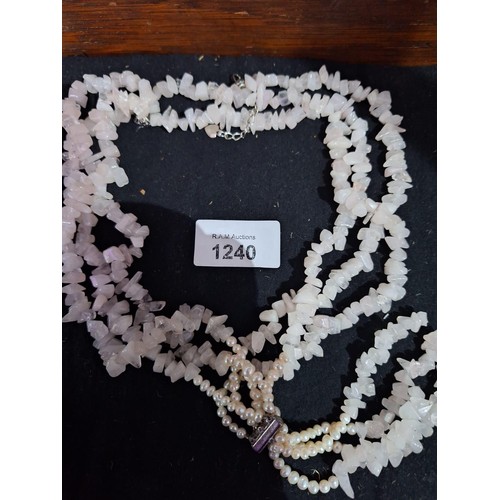 1240 - Boxed Vintage Real Pearl and Rose Quartz Necklace