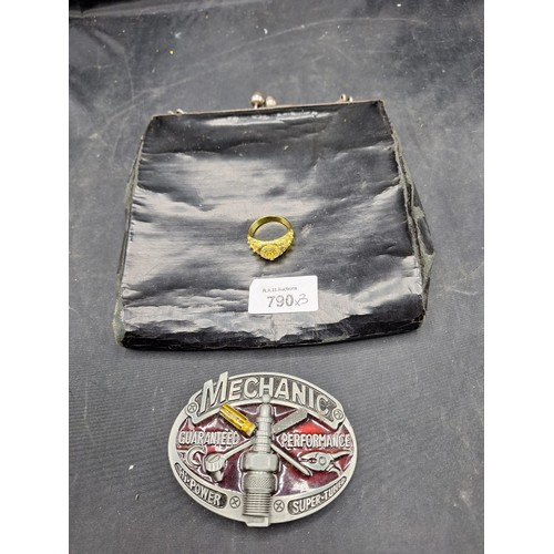 790 - Vintage Bag, Mechanic Belt buckle and a Presented as 925 Silver Gold Plated Ring (Is Marked 925)