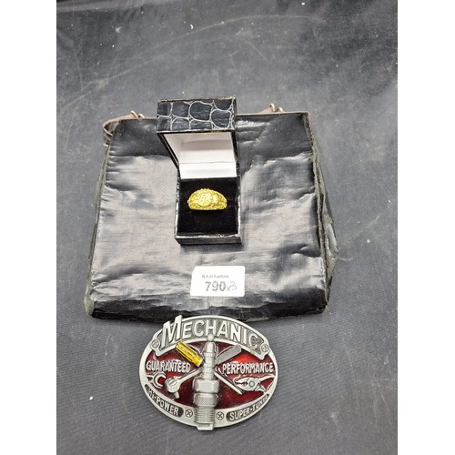 790 - Vintage Bag, Mechanic Belt buckle and a Presented as 925 Silver Gold Plated Ring (Is Marked 925)