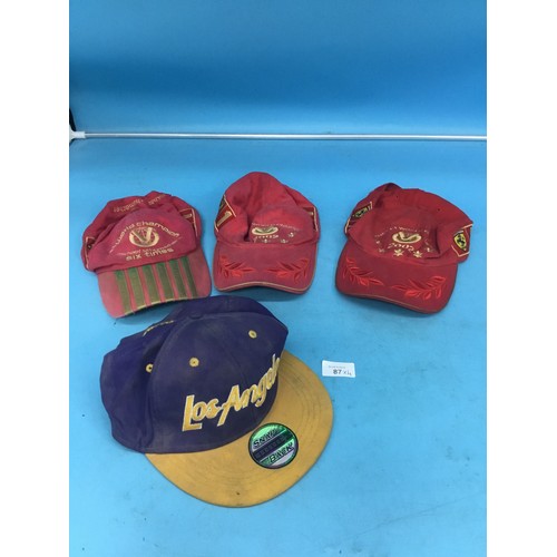 87 - Three F1 Hats Ferrari 2002 To Include Schumacher 6 Times World Champion and an LA Snap Back Cap