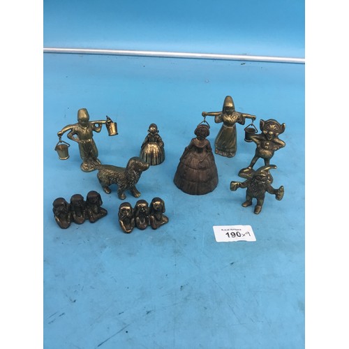 190 - Brass Figures x9 To Include Monkeys, Dogs, Bells, Pixie and a Dwarf