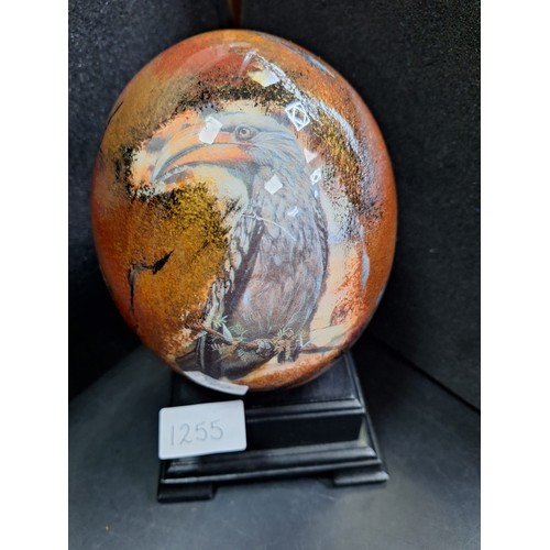 1255 - Hand Painted and Signed Ostrich Egg On a Stand  NKOSI SIKELLE