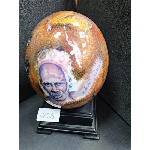 1255 - Hand Painted and Signed Ostrich Egg On a Stand  NKOSI SIKELLE