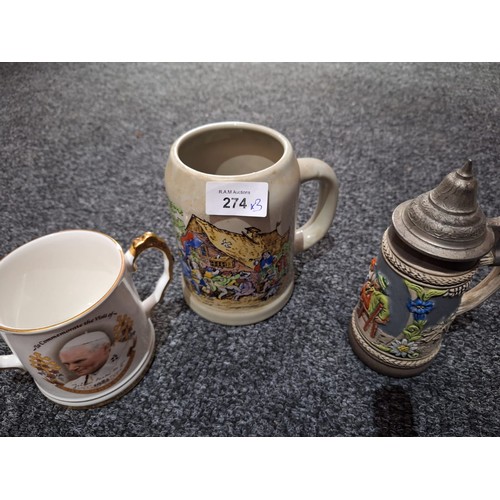 274 - Tankards x3 To Include a German Lidded Stein, Tankard and Loving Cup