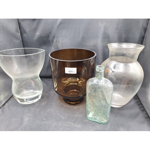 405 - Heavy Large Coloured Vase, Two Glass Vases and a Vintage Scrubbs Fluid Bottle