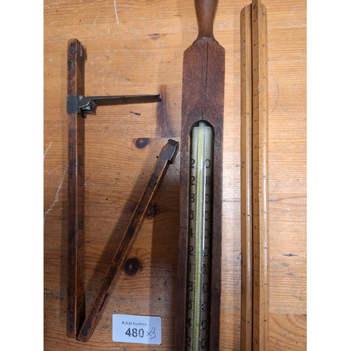 480 - Vintage/Antique Thermometer, Hand Height Gauge and a Rule