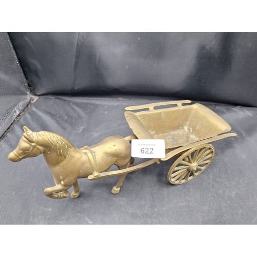 622 - Vintage Heavy Brass Horse and Cart