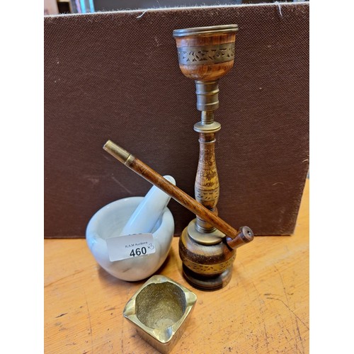 460 - Vintage Bronze Ashtray, Pestle and Mortar and an Arabic Pipe