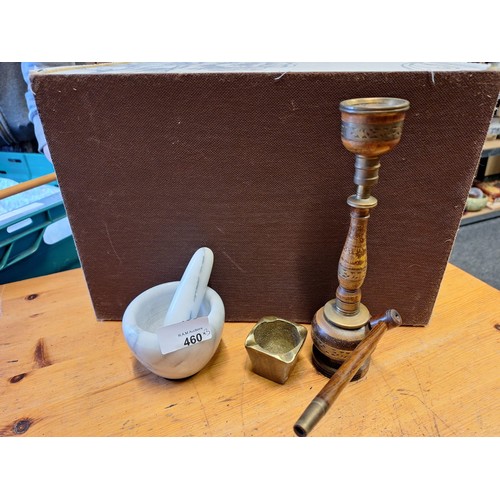 460 - Vintage Bronze Ashtray, Pestle and Mortar and an Arabic Pipe