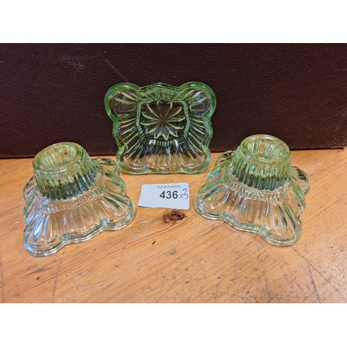 436 - Two Uranium Glass Candlesticks and a Dish Tested