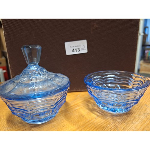 413 - Blue Uranium Glass Dish and Lidded Dish