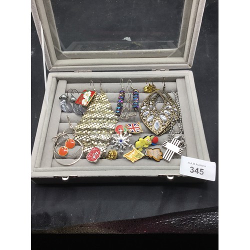 345 - Tray of f+v earrings,pins + collectibles