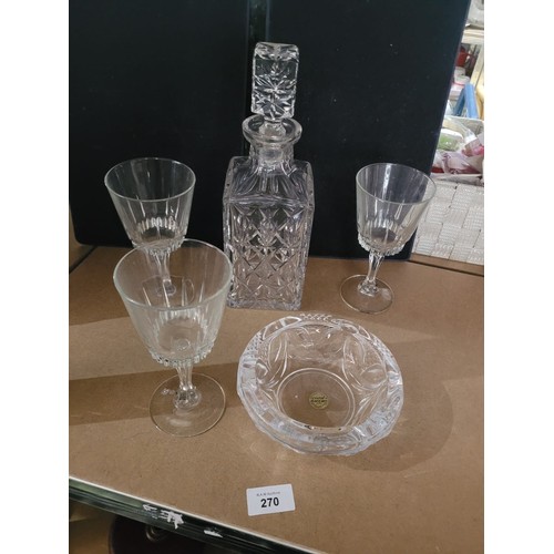 270 - Heavy Crystal Decanter, Three Glasses and a Crystal Darques Ashtray