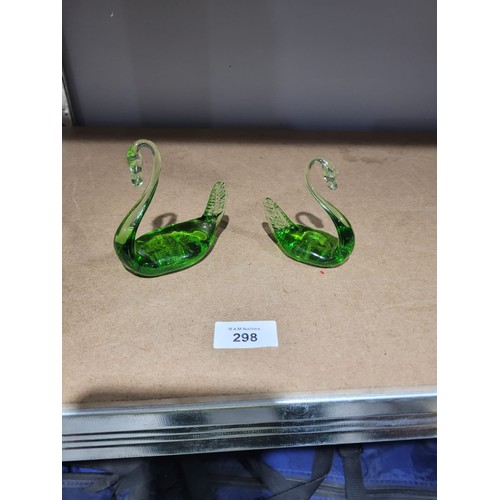 298 - Murano Style Green Swans x2