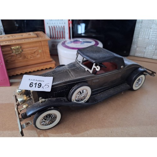 619 - Mixed Lot To Include Model Car, Treen Jewellery Box, Radley Mirror, Cloverleaf Mats and a Calculator