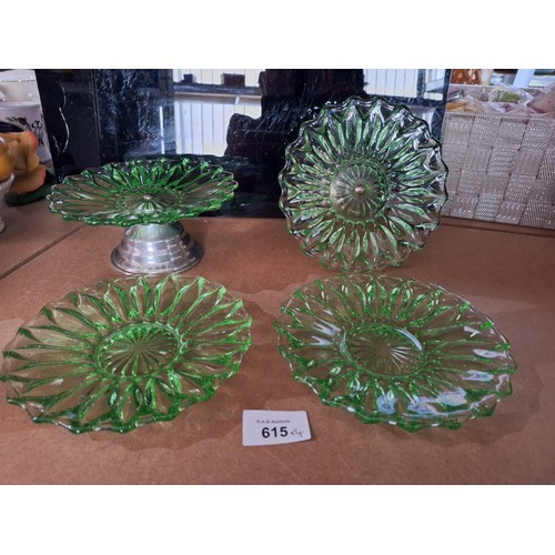 615 - EPNS Green Glass Footed Plates x2 and 2 Trays