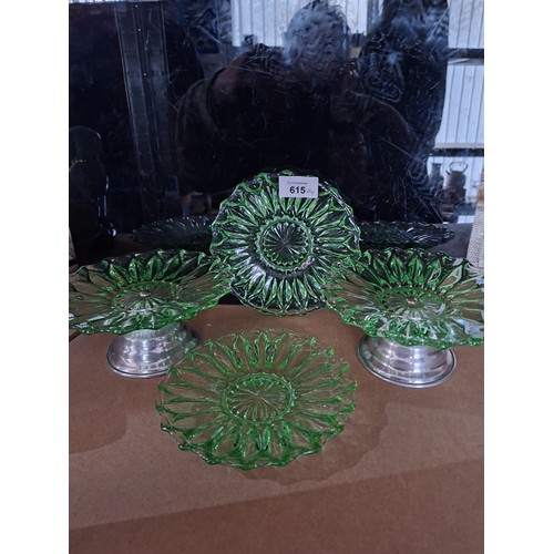 615 - EPNS Green Glass Footed Plates x2 and 2 Trays